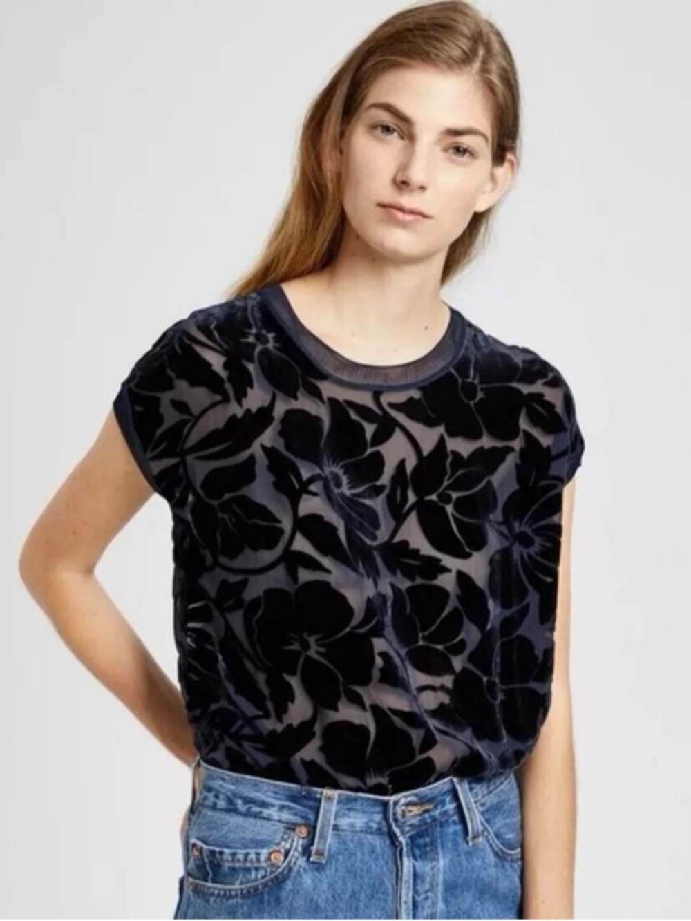 Theory Navy and Black Floral Burnout Short Sleeve Tee